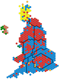 A map of the United Kingdom, with all constituencies given equal area. In Northern England, Labour hold the majority of Northern seats, the Conservatives hold some rural seats, and the Liberal Democrats hold a single seat.