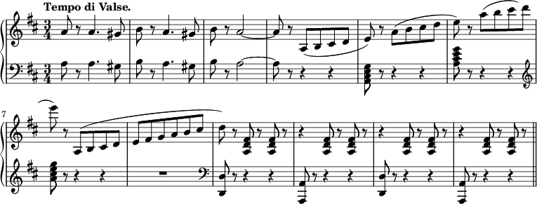 
 \relative b' {
  \new PianoStaff <<
   \new Staff {
    \key b \minor \time 3/4
    \set Score.tempoHideNote = ##t
    \tempo "Tempo di Valse." 2. = 64
    a8 r a4. gis8 | b r a4. gis8 | b r a2 ~ | a8 r a,8( b cis d | e) r a( b cis d | e) r a( b cis d | e) r a,,,( b cis d | e fis g a b cis |
    d) r <a, d fis>8 r <a d fis> r | r4 <a d fis>8 r <a d fis> r | r4 <a d fis>8 r <a d fis> | r r4 <a d fis>8 r <a d fis> r | \bar "||"
   }
   \new Staff {
    \key b \minor \time 3/4 \clef bass
    a8 r a4. gis8 | b r a4. gis8 | b r a2 ~ | a8 r r4 r | <g e cis a>8 r r4 r | <a cis e g>8 r r4 r | \clef treble <a' cis e g>8 r r4 r | R2. |
    \clef bass <d,,, d'>8 r r4 r | <a a'>8 r r4 r | <d d'>8 r r4 r | <a a'>8 r r4 r |
   }
  >>
 }
