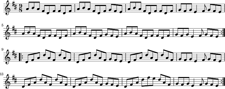 
\relative c''
{
  \key d \major \time 9/8
  \repeat volta 2
  {
    a8 b a fis d fis fis d fis | a8 b a fis d fis g fis e | a8 b a fis d fis fis d fis | g fis g e4 fis8 g fis e |
    a8 b a fis d fis fis d fis | a8 b a fis d fis g fis e | a8 b a fis d fis fis d fis | g fis g e4 fis8 g fis e
  }
  \repeat volta 2
  {
    d fis a d a fis d' a fis | d fis a d a fis g fis e | d fis a d a fis d' a fis | g fis g e4 fis8 g fis e |
    d fis a d a fis d' a fis | d fis a d a fis g fis e | d fis a d fis e d a fis | g fis g e4 fis8 g fis e |
  }
}
