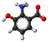 Ball-and-stick model of the 3-hydroxyanthranilic acid molecule as a zwitterion