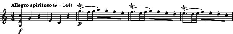 
\relative c'' {
  \override Score.NonMusicalPaperColumn #'line-break-permission = ##f
  \tempo "Allegro spiritoso" 4=144
  \time 3/4
  <c e, g,>4\f g r |
  e4 c r |
  g''8.\trill\p( f32 g a8) g-. f-. e-. |
  f8.\trill( e32 f g8) f-. e-. d-. |
  e8.\trill( d32 e f8) e-. d-. c-. |
}
