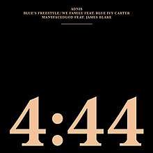 A black background with "4:44" in a large oeach typeface at the bottom and the three bonus tracks at the top much smaller