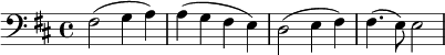 \relative c { \clef "bass" \key d \major fis2( g4 a) a( g fis e) d2( e4 fis) fis4.( e8) e2 }