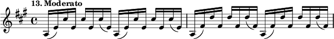 
%etude13
\relative a
{  
\time 4/4
\tempo "13. Moderato"
\key a \major
a16 (e') cis' e, cis' e, cis' (e,) a,16 (e') cis' e, cis' e, cis' (e,) | a, (fis') d' fis, d' fis, d' (fis,) a, (fis') d' fis, d' fis, d' (fis,) 
}

