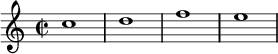 \relative c'' { \time 2/2 c1 d f e }