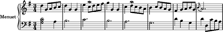 
\version "2.14.2"
\header {
  tagline = ##f
}
upper = \relative c'' {
  \clef treble 
  \key g \major
  \time 3/4
  \tempo 2 = 72
  %\autoBeamOff
  
  d4 g,8 a b c | d4 g, g | e' c8\mordent d e fis | g4 g, g | c d8\mordent c b a | b4 c8 b a g | fis4 g8 a b g | 
  \grace b8( a2.)

}

lower = \relative c' {
  \clef bass
  \key g \major
  \time 3/4

    < g b d >2 a4 | b2. c2. b2. a2. g2. | d'4 b g | d' d,8 c' b a 
    
}

\score {
  \new PianoStaff <<
    \set PianoStaff.instrumentName = #"Menuet"
    \new Staff = "upper" \upper
    \new Staff = "lower" \lower
  >>
  \layout {
    \context {
      \Score
      \remove "Metronome_mark_engraver"
    }
  }
  \midi { }
}
