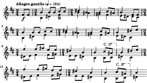 
\version "2.16.2"
\header { tagline = "" }
foo = \relative c \new Staff {
  \key d \major \time 2/4 \clef "treble_8"
  \set Staff.midiInstrument = "acoustic guitar (nylon)"
      \overrideTimeSignatureSettings
        3/4        % timeSignatureFraction
        1/4        % baseMomentFraction
        #'(1 1 1)    % beatStructure
        #'()       % beamExceptions
  \tempo "Allegro gentile" 4 = 164

  \partial 4 fis8\f fis \time 3/4
  << {
  \override TextSpanner #'dash-fraction = #'()
  \override TextSpanner #'font-shape = #'upright
  \override TextSpanner #'(bound-details left text) = \markup { "C. 2ª" }
  \override TextSpanner #'(bound-details right text) = \markup { \draw-line #'(0 . -2) }
  \override TextSpanner #'(bound-details right padding) = #-3
  \override TextSpanner #'(bound-details left stencil-align-dir-y) = #0.8

    b4 b8 b cis cis | \time 2/4 dis4 b | b cis8 ais | b4
    fis8 fis | \break \time 3/4 b4 b8 b cis cis | \time 2/4 dis4 b | b cis8 ais | b4
    dis8 e | \break \time 3/4 fis4 fis8 gis e e | \time 2/4 dis4 b | b cis8 \startTextSpan ais \stopTextSpan | b4
    dis8 e | \break \time 3/4 fis4 fis8 gis e e | \time 2/4 dis4 b | b cis8 \startTextSpan ais \stopTextSpan | b4
  } \\ {
    b,4 dis fis_\4 | b ais | gis fis | e8 dis
    dis cis | b4 dis fis | b ais | gis fis | e8 dis
    cis4 | dis8 e fis4 fis8 gis | e e dis4 | b b8 cis | dis4
    cis4 | dis8 e fis4 fis8 gis | e e dis4 | b b8 cis | dis4
  } >>
}
\score {
  \foo
  \layout {
    indent = 0\cm
    line-width = #150
  }
  \midi {}
}
