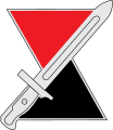 An hourglass, red on top and black on bottom, with diagonal bayonet imposed over it