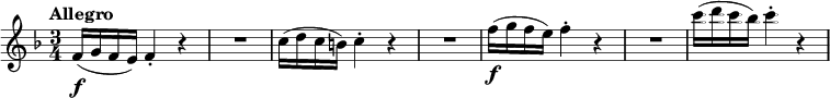 
\relative c' {
  \tempo "Allegro"
  \key f \major
  \time 3/4
  f16(\f g f e) f4-. r |
  R1*3/4 |
  c'16( d c b) c4-. r |
  R1*3/4 |
  f16(\f g f e) f4-. r |
  R1*3/4 |
  c'16( d c bes) c4-. r |
}
