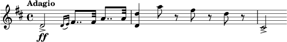 
\relative c' {
 \tempo "Adagio"
 \key d \major
 d2\ff-> \grace{ d16 [(e)] }fis8.. fis32 a8.. a32 | <d d,>4 a'8 r fis r d r | cis,2->
}
