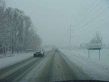 A one-way toad line with trees on the left and power lines on the right during a snowstorm