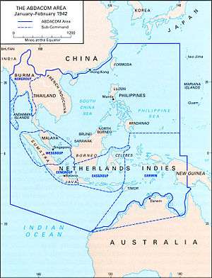 Map of South East Asia and the South West Pacific, with ABDACOM sub-command boundaries superimposed