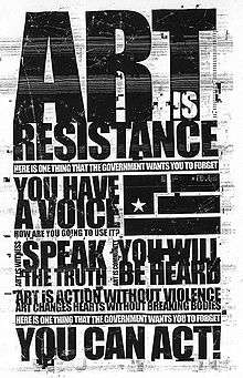 A black-and-white flier with the words "Art is Resistance" with a stenciled flag of four sections and a single star.