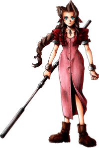 Drawing of a brown-haired girl with green eyes holding a large staff. She wears silver bracelets, brown boots and a shin-length pink dress that buttons up with the front with a red bolero jacket.