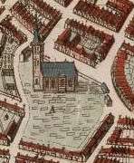 This map labels the church with an A in the graveyard and the legend says "Den Dom van Almenum mit de Kerck"