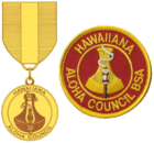 the badge is a round red patch with a gold border; the outer edge has the text Hawaiiana and Aloha Council; the inner circle has the image of a poi pounding stone with a flaming torch in front; the medal uses the same image as the badge suspended from a red and gold ribbon