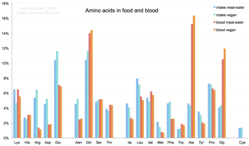 Diagram showing the relative occurrence of different amino acids in blood serum as obtained from different diets