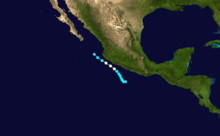 Map of a path in the Pacific Ocean along the west coast of Mexico. Most of Baja California can be seen at the top of the image, Central America is visible on the right side and the coastline of the Gulf States in the United States can be seen at the top right.