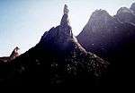 Forested mountains topped by rocks.