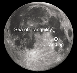 image of the Moon showing landing site of Apollo 11 around center of the Moon