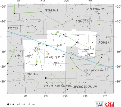 Diagram showing star positions and boundaries of the Aquarius constellation and its surroundings