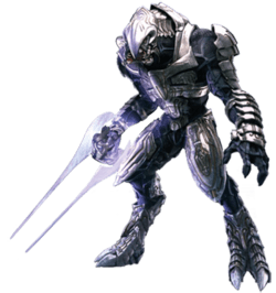 An alien warrior in a hunched position. Its feet end with two prominent claws, while its mouth is split into four parts lined with teeth. The alien is covered in shiny metal plates that overlap. In his hand he carries a glowing dual-tipped blade.