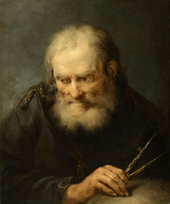 A painting of a man studying