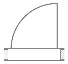 A schematic drawing of an open door, seen from the top, with a curved line that shows a quarter-circle space on the floor that the door travels over when it opens