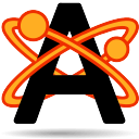 A black sans-serif capital letter A being orbited by two orange stylized electrons with orange trails.