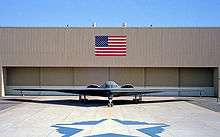 Front view of tailless aircraft parked in front of building. On the building face is a blue and red rectangular flag. A star-shaped artwork is on taxiway in front of aircraft.