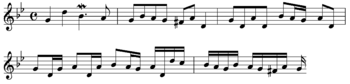 The fugue's theme (or subject), presented in musical notation of its first 4 1/2 bars