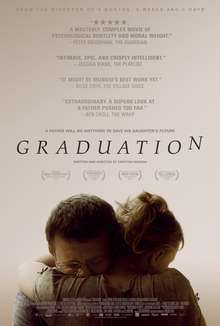 A father and his daughter hug each other in front of a light grey-purple background. The film's title, awards recognition and praise from critics are placed above them, with the "n" in Graduation raised higher than the title's other letters.