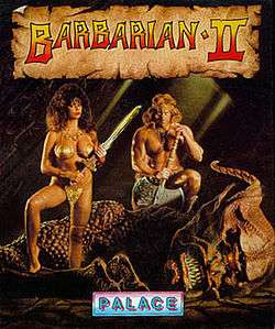 A large, scaly, horned creature lies fallen on a cracked floor.  A busty woman, wearing a metallic bikini and brandishing a sword, stands on its arm.  A man, wearing a loincloth, squats astride the corpse while leaning on his battle axe.  The words "Barbarian II" are emblazoned at the top in a banner.