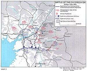 A map showing a front line with the UN labeled in blue and the Chinese in red. Multiple blue arrows are moving down with the red arrows intercepting them