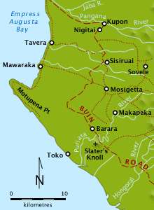 A location map, depicting a portion of the western coast of Bougainville, showing the relative position of Slater's Knoll, the Buin Road and several other key locations