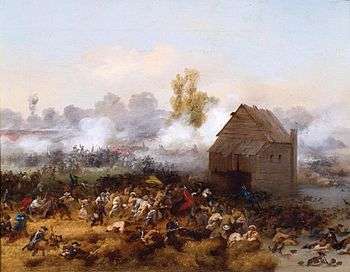 A wooden house, or possibly a mill, is surrounded by battle.  The smoke and haze of battle obscures much of the background, but formations of red-coated soldiers are visible through it.  Small figures, some clearly uniformed, others not obviously so, fight in the foreground.