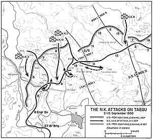 A topographic map of North Korean units advancing on a city