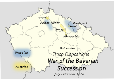 An outline map of 20th century Czechoslovakia includes most of Bohemia; the positions of the armies are marked in yellow and blue, showing Joseph's army (yellow) in a line of fortifications and surrounded at front and rear by Henry and Frederick (blue).