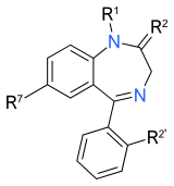 Chemical structure diagram of a benzene ring fused to a diazepine ring. Another benzene ring is attached to the bottom of the diazepine ring via a single line. Attached to the first benzene ring is a side chain labeled R7; to the second, a side chain labeled R2'; and attached to the diazepine ring, two side chains labeled R1 and R2.