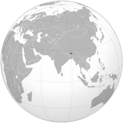 A map of the world, centred on South Asia, highlighting Bhutan