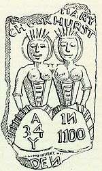 Drawing of a cake moulded with an image of two conjoined women, the name "Mary Chulkhurst", and the phrase "A 34 Y in 1100". One corner of the cake, where another name would be, is missing.