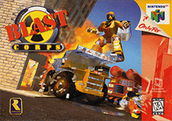 Traditional Nintendo 64 box art with red-colored duotone overlay along the right side of the box. The console logo in the upper right, with an indication that the game is exclusive to the console, and the ESRB content rating in the lower right. The Blast Corps logo is in the upper left: a diagonal "BLAST" in red, capital letters, atop a yellow and black "toxic" symbol. The Rareware yellow and blue logo resembling the curve of the letter "R" is in the bottom left. The horizon of the background is slanted to the right: a trump truck is slamming into a building, a fiery explosion extends from the collision site, a polygonal humanoid figure hovers above the dump truck, and a red fire engine-like vehicle with two cylinders mounted atop approaches from the right.