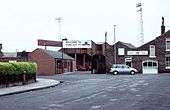 Entrance to the Bootham Crescent association football ground, the entrance sign and a stand visible