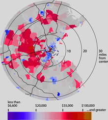 Map of Boston and the surrounding area displaying per capita income distribution