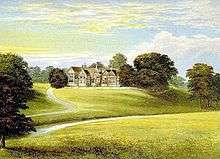 Coloured print of Bramall Hall atop a hill, framed by trees and set in open parkland. A driveway leads up to it on the left side. A stream runs along the bottom of the hill in the valley.