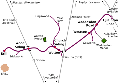 Map of a railway line running roughly south-west to north-east. Long sidings run off the railway line at various places. Two other north-south railway lines cross the line, but do not connect with it. At the north-eastern terminus of the line, marked "Quainton Road", the line meets three other lines running to Rugby & Leicester, Verney Junction, and Aylesbury & London respectively. The south-western terminus, marked "Brill", is some distance north of the town of Brill, which is the only town on the map. A station on one of the other lines, marked "Brill and Ludgersall", is even further from the town of Brill.