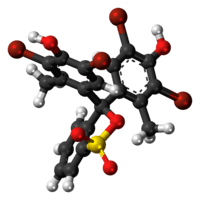 Ball-and-stick model of the bromocresol green molecule in cyclic form