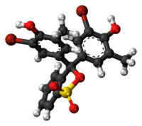 Ball-and-stick model of the bromocresol purple molecule in cyclic form