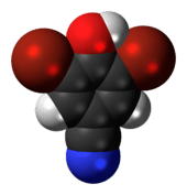 Space-filling model of the bromoxynil molecule