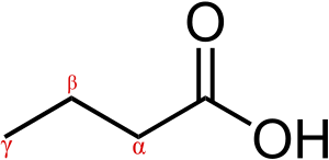 Skeletal formula of butyric acid with the alpha, beta, and gamma carbons marked